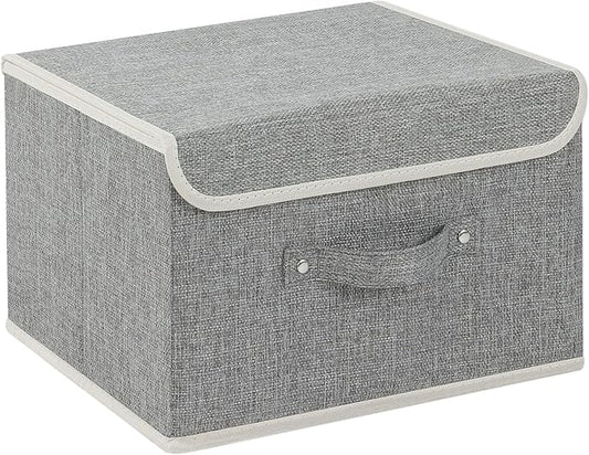 Storage Boxes, Collapsible Storage Bins with Lids, Cotton and linen cloth Storage Baskets with Handle, for Books, Closet, Bedroom, Home, 13x9.1x7.9 in, Grey-Ruum Studio Home