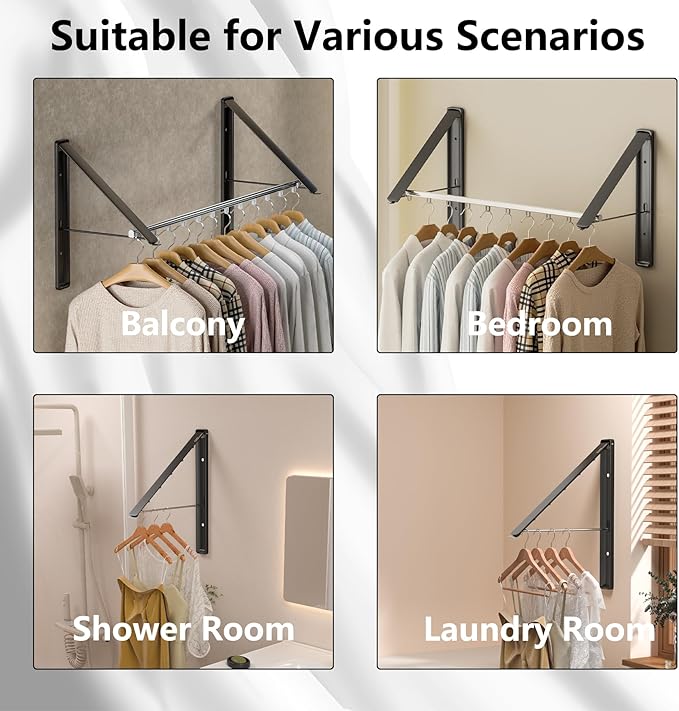 Dr.DJ Clothes Drying Rack with Rod, Wall-Mounted Retractable & Foldable Clothes Hanger for Laundry Room Organization and Storage, Metal Clothes Hanger Rack for Dorm, Closet, Balcony 2Rack, 1Rod Black-Ruum Studio Home
