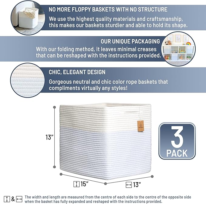 NaturalCozy 13x15x13 Kallax Storage Cubes Bins, 3 Pack | Cotton Rope Cube Storage Bin Woven Baskets for Organizing | Kallax Insert Storage Baskets for Shelves Organizer, Kids Toy, Closet Baby Nursery-Ruum Studio Home