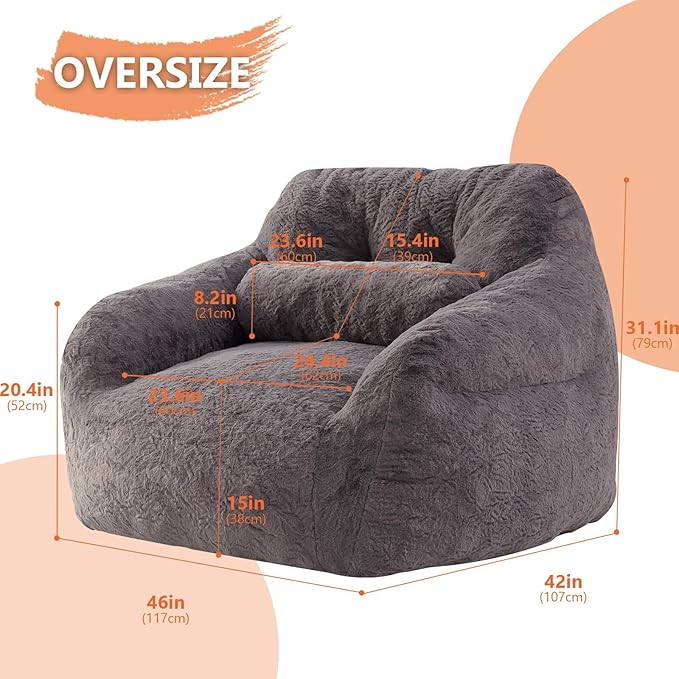Bean Bag Chair for Adults with Pillow,Oversized Bean Bag Couch Chairs for Adults,Giant Lazy Couch Sofa Chairs with Filler,Large Reading Chair for Living Room Bedroom,Dark Gray-Ruum Studio Home