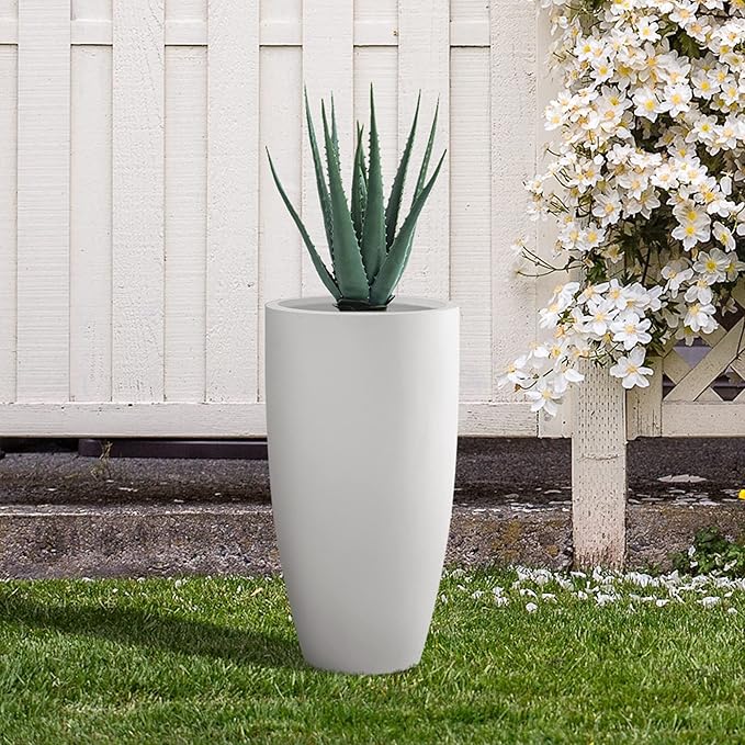 Kante 23.6" H Pure White Finish Concrete Tall Planters Large Outdoor Indoor Decorative Plant Pots with Drainage Hole and Rubber Plug, Modern Tapered Style for Home and Garden-Ruum Studio Home