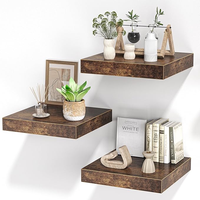 Square Floating Shelves for Wall, 12"W x 12"D x 1.2"H, Small Wooden Wall Mounted Display Shelf with Invisible Brackets for Living Room, Bedroom, Bathroom, Kitchen Decor, Set of 3, Rustic Brown-Ruum Studio Home