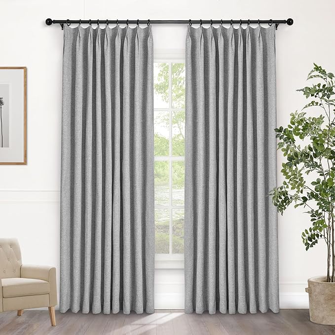Macochico Light Grey 100% Blackout Linen Curtains 96 Inches Long Pinch Pleated Curtains for Bedroom Living Room Nursery Farmhouse Insulated Sound Reducing Drapery with Tieback 84”Wx96”L 1 Panel-Ruum Studio Home