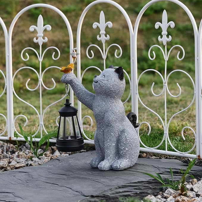 Solar Cat Garden Statue Outdoor Decor, Cat Sculpture with Lantern and Butterfly for Yard Lawn Patio Balcony, Birthday Housewarming Gifts for Mom, Grandma, Women, 9.4 inch, Resin-Ruum Studio Home