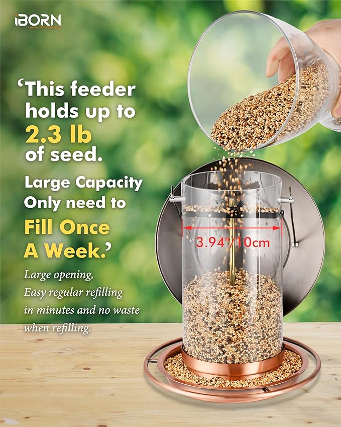 iBorn Bird Feeders for Outdoors Hanging,Metal Bird Feeders for Cardinal Chew Proof 18cm Large Roof&Tray Birdfeeders Outside Hanging,Brushed Copper 6 Port (Seed is not Included)-Ruum Studio Home