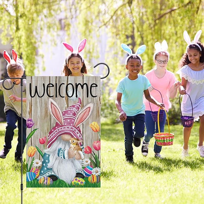 Welcome Easter Gnome Garden Flag 12x18 Double Sided Burlap, Funny Bunny Floral Small Yard Flag Banner for Holiday Farmhouse Outdoor Decor (ONLY FLAG)-Ruum Studio Home