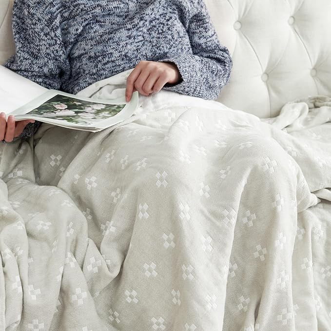 jinchan Boho 100% Cotton Blanket Muslin Twin Size 60x80 Inches Lightweight 3-Layer Geometric Cross Pattern Reversible Quilt Throw Soft Breathable Comfy All Seasons for Couch Bed Decor, Light Grey-Ruum Studio Home