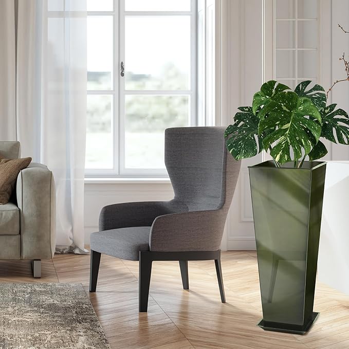 KOL 28''H. Tall Metal Planter with Saucer, Galvanized Steel Glazed Planter Pots with Drainage Hole for Indoor & Outdoor Use, Set of 2, Decorative Flower Plant Pots for Front Porch, Patio, Deck - Green-Ruum Studio Home