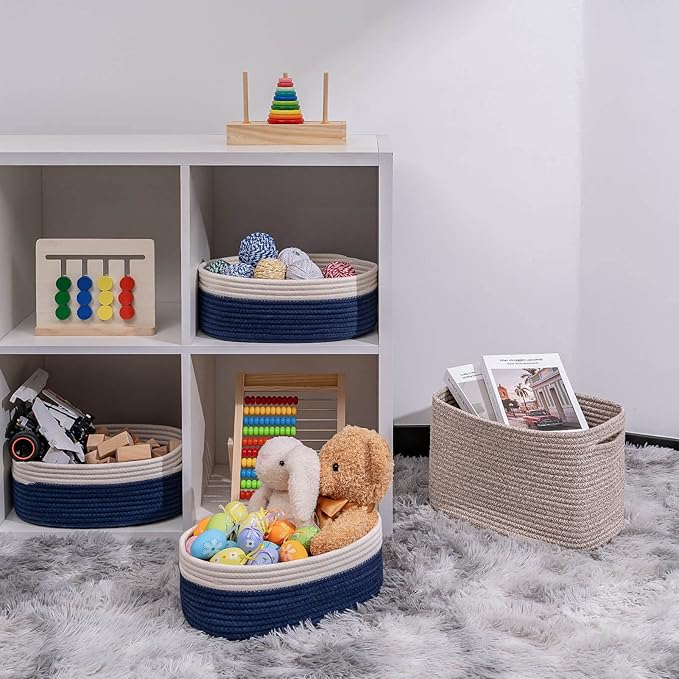 Off White&Navy Shelf Basket to Store and Organize Household Items/Baskets&Bins for Daily Storage &Organizing/Woven Rope Basket for Living Room, Bedroom,Small Oval-13x8.66x5.11’’,3 Packs-Ruum Studio Home