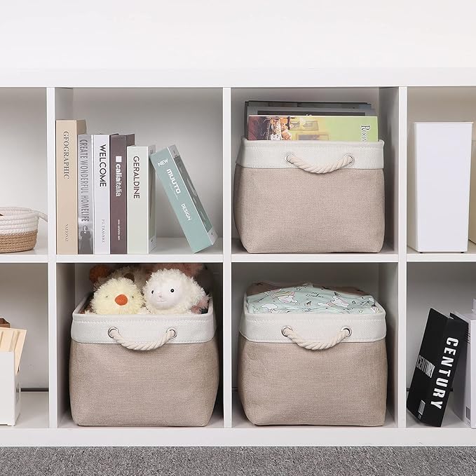 Bidtakay Large Fabric Baskets with Handles [3-Pack] Collapsible Storage Basket for Shelves 15 X 11 X 9.5 inches Canvas Bins for Closet Organization (White&Beige)-Ruum Studio Home