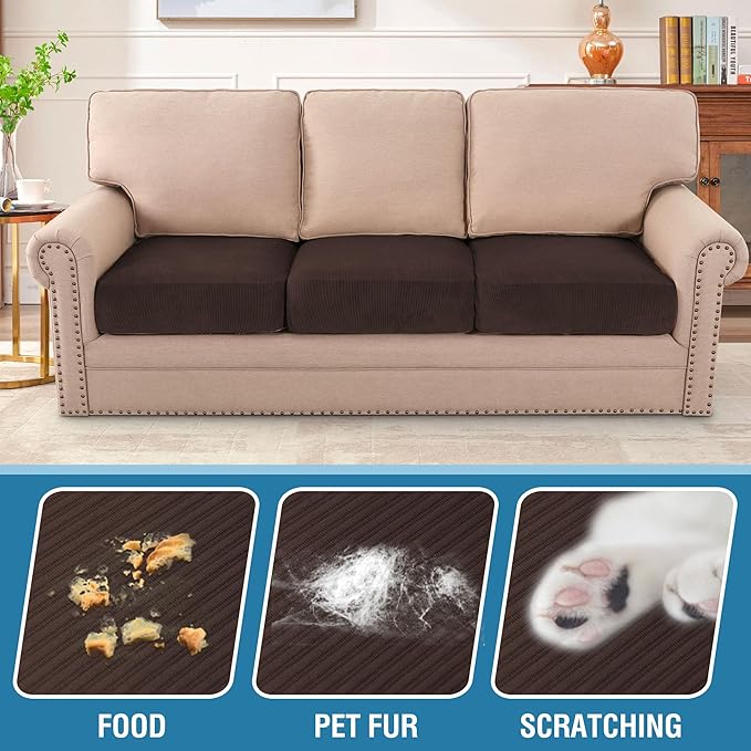 H.VERSAILTEX Velvet Stretch Couch Cushion Cover Plush Cushion Slipcover for Chair Loveseat Sofa Cushion Furniture Protector Seat Cushion Sofa Cover (3 Piece Sofa Cushion Covers, Brown Striped)-Ruum Studio Home
