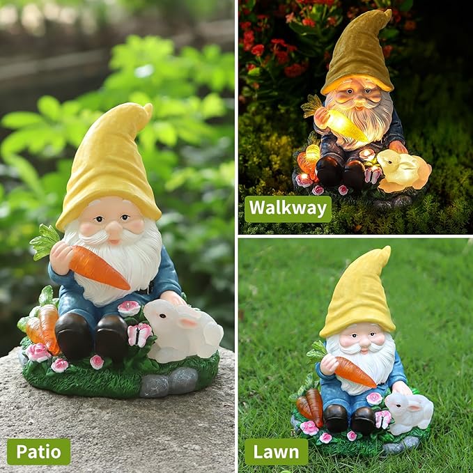 Solar Garden Outdoor Statues Gnome Feeding Rabbit with 6 LED Solar Figurine for Lawn,Patio,Balcony,Yard Decor Unique Housewarming Gift, for Grandfather, Father,Grandma-Ruum Studio Home