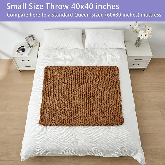 Bigacogo Chunky Knit Throw Blanket for Couch, 40x40 inches, 100% Hand Knitted with Thick Jumbo Chenille Yarn, Cozy Soft Large Rope Knot Cable Crochet Blankets for Sofa Bed Living Room, Caramel-Ruum Studio Home