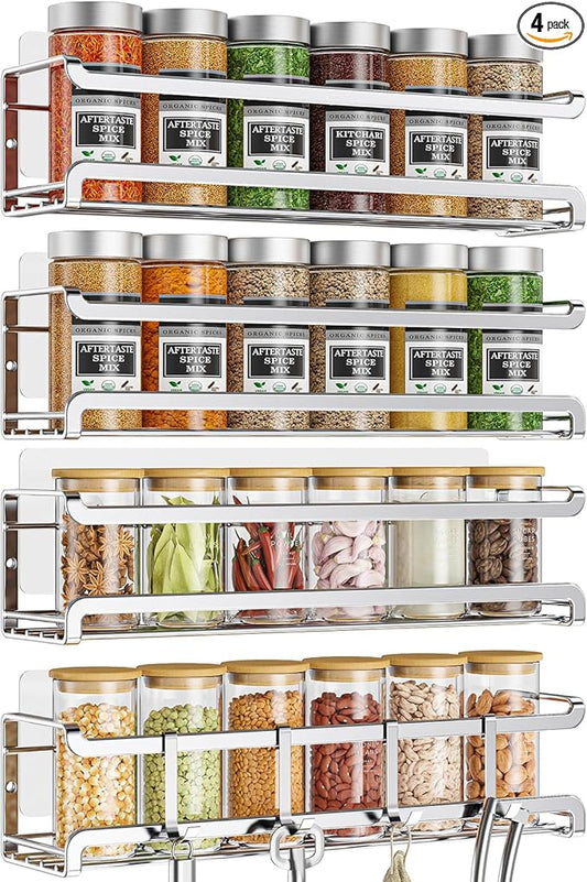Spice Rack wall mounted 4 Pack, Space-Saving Spice Organizer for Spice Jars and Seasonings,Screw or Adhesive Hanging Spice Rack Organizer for Your Kitchen Cabinet,or Pantry Door,Chrome-Ruum Studio Home