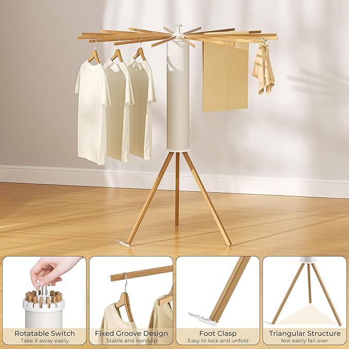 Tripod Clothes Drying Rack, Garment Rack Portable and Foldable Space Saving Laundry Drying Rack - Dryer Rack Clothing Floor Folding Balcony Bedroom Household (Beige(Wood), 16 rods)-Ruum Studio Home