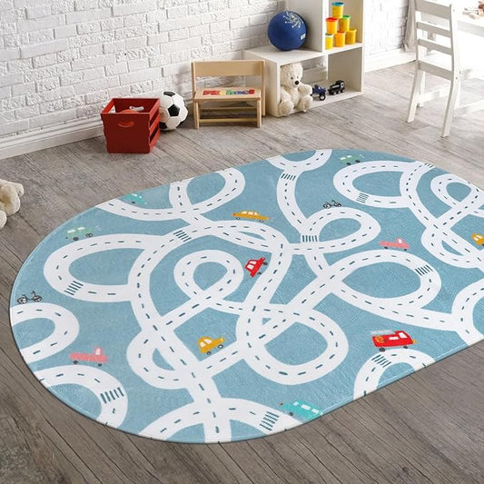 STARUIA Large Kids Playroom Rug, 4'x6' Washable Road Rug for Nursery, Non-Slip Fun Area Rugs for Kids Room, Blue Car Rugs Play Mat Soft Baby Carpet for Boys Girls Dorm Toy Room Tent-Ruum Studio Home