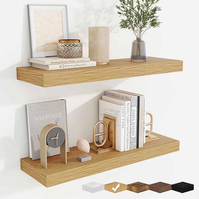 fuqing Floating Shelves for Wall, Bathroom Shelf Wall Mounted for Storage, Shelves with Invisible Bracket for Bedroom, Kitchen, Living Room, Farmhouse Small Book Shelf, 24 Inch Set of 2, Oak-Ruum Studio Home