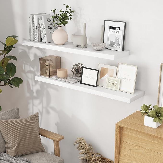 Fun Memories Floating Shelves 48 Inch Set of 2, White 48 x 9 Wall Shelves for Home Decor Storage, Rustic Wood Floating Shelf for Wall, 9 Inch Deep Shelving for Bathroom, Living Room, Kitchen-Ruum Studio Home