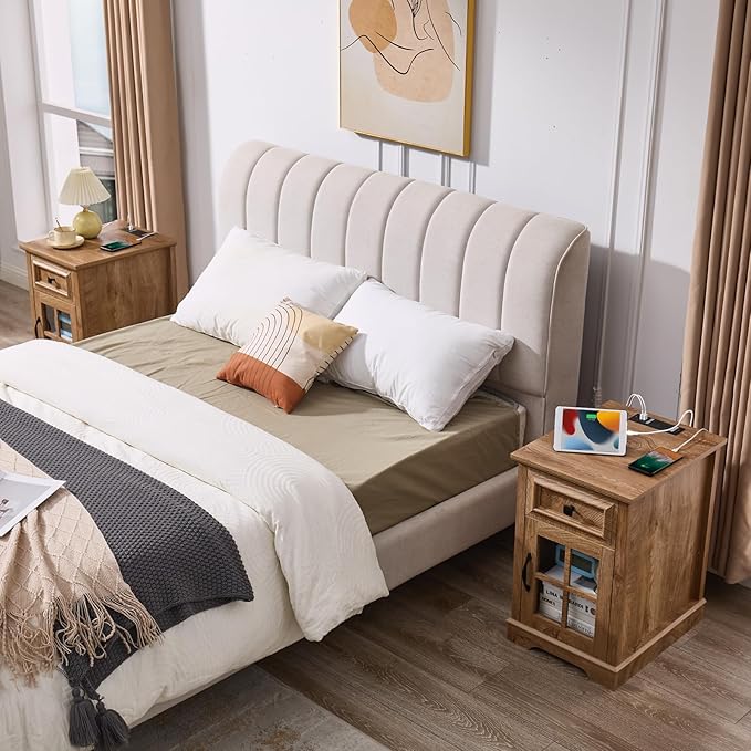 Farmhouse XXL End Table with Charging Station, Side Table with USB Ports and Outlets, Nightstand with Drawer and Glass Door Storage, Log Color Bedside Tables for Living Room, Bedroom, Office-Ruum Studio Home