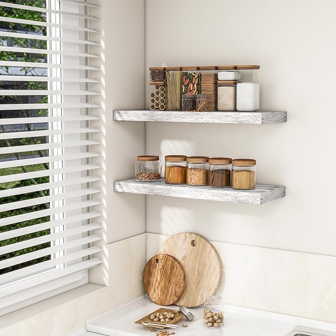 RICHFOCUS 31.5Inch Floating Shelves for Wall 2 Pack Shelves for Bedroom|Kitchen|Bathroom Wall Mounted Rustic Distressed Wood Floating Shelf with Invisible Brackets for Books|Storage|Decor, Rustic-Ruum Studio Home