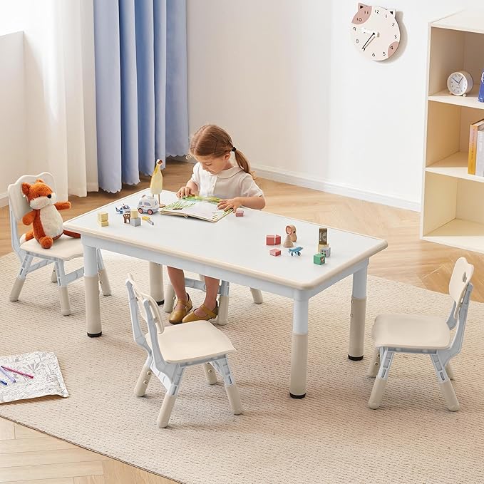 Kids Study Table and Chairs Set, Height Adjustable Toddler Table and Chair Set for Kids Ages 3-8, Graffiti Desktop (Burlywood - 1)-Ruum Studio Home