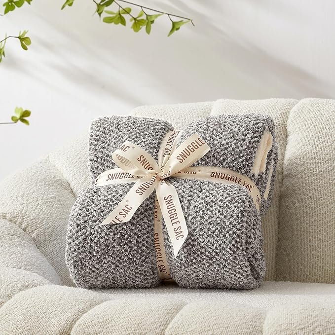 Snuggle Sac Grey Blankets Twin Size for Bed and Sofa, Reversible Super Soft Blankets Warm Cozy Knit Blankets Fuzzy Plush Blanket, Grey, 60x80 inches-Ruum Studio Home