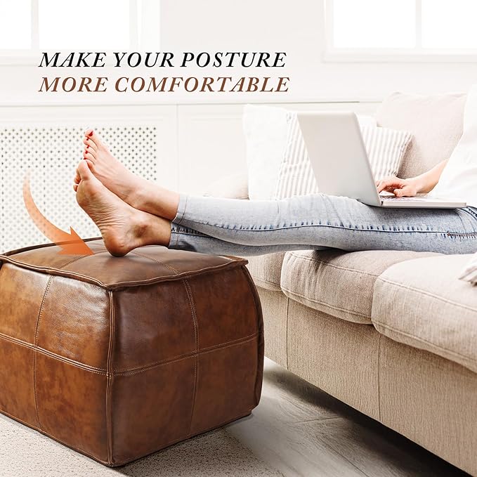 Leather Ottoman,Handmade Stuffed Square Ottoman,Genuine Leather Pouf, Foot Rest Pouf,Comfortable Soft Seating for Living Room & Bedroom (Brown, Square)-Ruum Studio Home