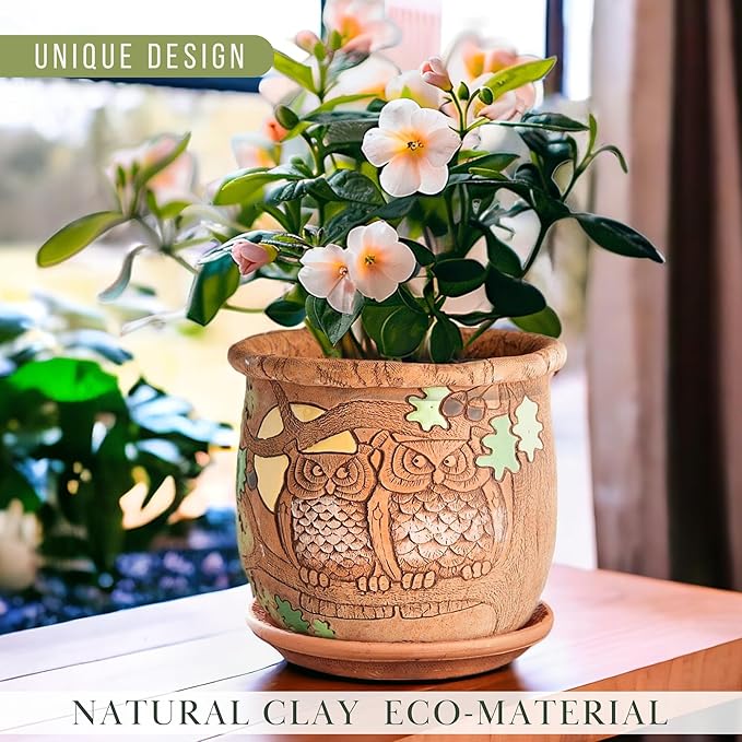 Ceramic Pot with Drainage Hole and Saucer, Plant Pots, Modern Decorative Planters for House Plants Indoor Flowers Plants, Cute Flower Pot - Gifts (Owls (1.6 L))-Ruum Studio Home