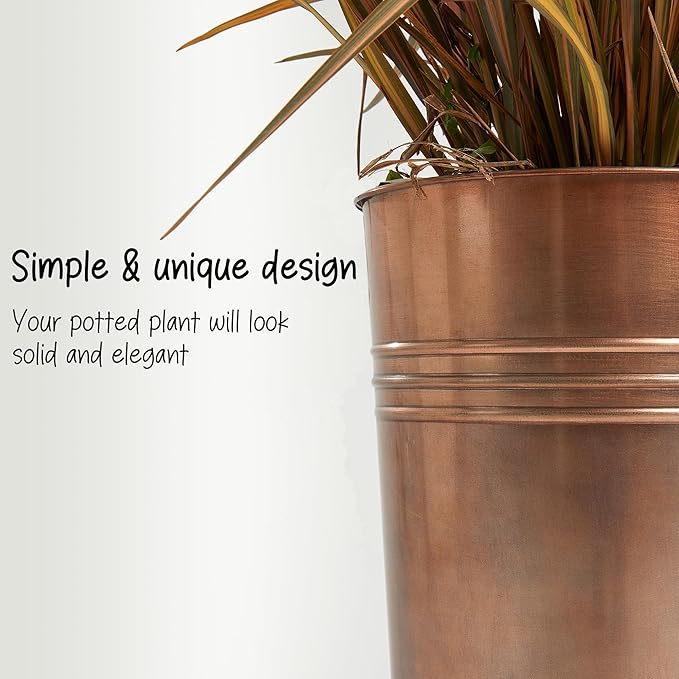 KOL 28'' Tall Galvanized Steel Planter Pot - Flower Pot with Water Level Indicator for Plants - 2 Pack Self Watering Planters - Round Bronze Powder Metal Planter Box - Indoor Outdoor Grande Plant-Ruum Studio Home