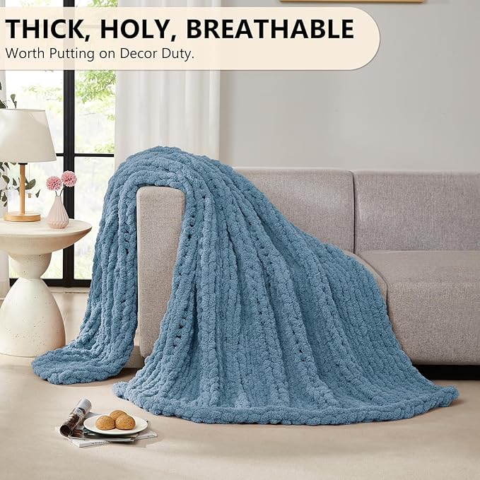 L'AGRATY Chunky Knit Blanket Throw: 72''x84'' Chenille Chunky Knitted Throw Blankets for Bed Couch - Handmade Thick Big Cable Knit Blanket - Large Crochet Rope Blankets for Home Decor(Airy Blue)-Ruum Studio Home