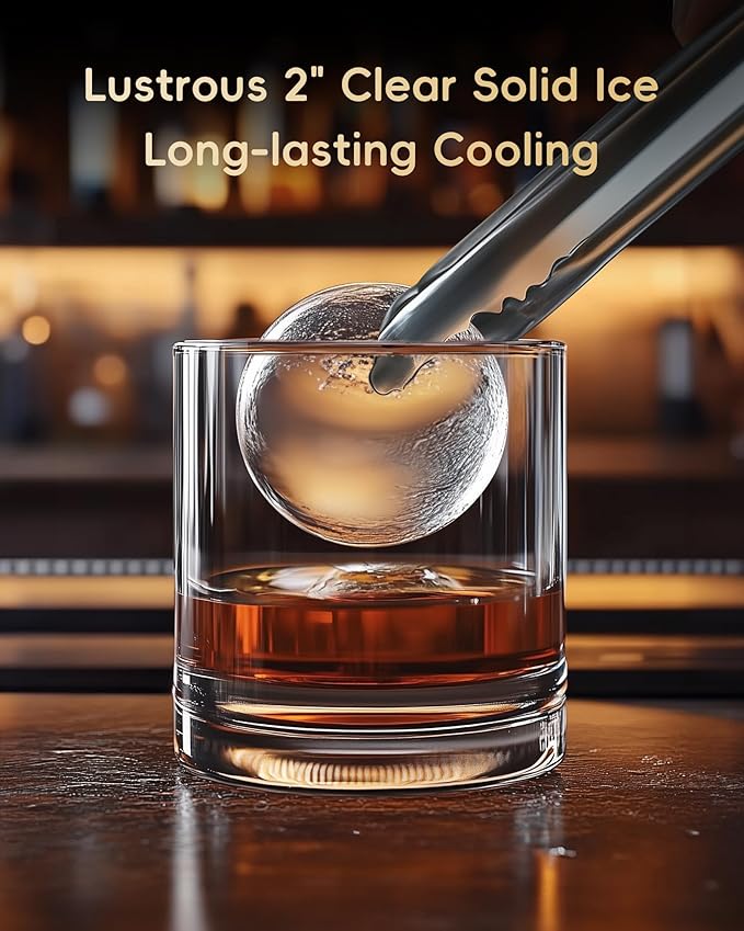 ecozy 2" Clear Ice Ball Maker with CrystalFlux Technology, 4 pcs in 40 Mins, 144 pcs/Day, Sphere Ice Maker with Enhanced Insulation, Automatic Water Supply, Self-Cleaning for Whiskey & Bourbon-Ruum Studio Home