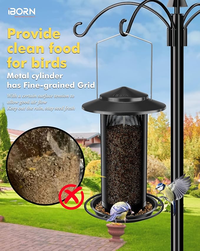 iBorn Bird Feeders for Outdoors, All Metal Mesh Tube, Holding Bird Seed for Outside Feeders,18cm Large Roof, Black, 2.8lb(Seed is not Included)-Ruum Studio Home
