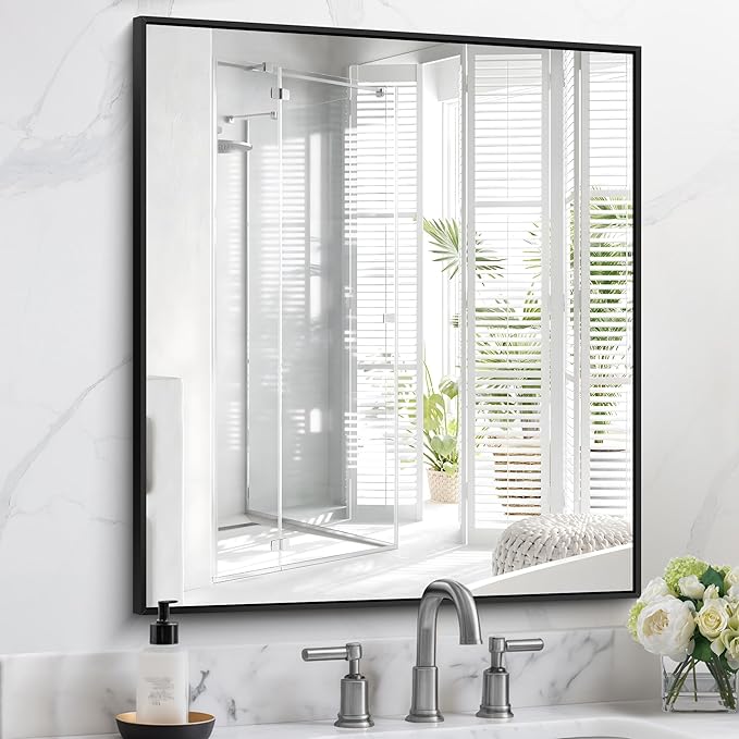 Black Bathroom Mirror for Wall, 30x36 Inch Rectangle With Metal Frame, Modern Vanity for Bathroom Living Room, Entryway Hangs Horizontal or Vertical-Ruum Studio Home