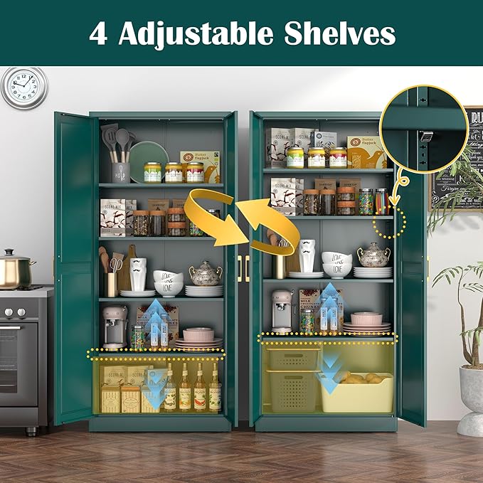 Kitchen Pantry Cabinet,71”Green Metal Pantry Storage Cabinets with Doors and 4 Adjustable Shelves,Kitchen Cabinet with 2 Gold Handles,Tall Cabinet for Livingroom, Bathroom-Ruum Studio Home