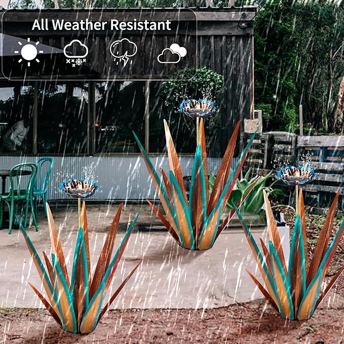 Large Tequila Rustic Sculpture, Rustic Metal Agave Plants for Outdoor, Home Decor Garden Yard Statue (Blue - L (W/Bird Feeder))-Ruum Studio Home