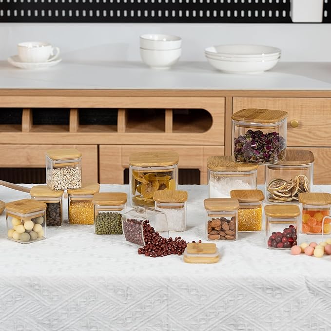 5oz Airtight Square Spice Containers with Bamboo Lid Set of 12 with Black Lables Storage Stackable Spice Jar, Kitchen Canister for Sugar, Tea, Flour, Salt and Seasonings (‎Clear Glass)-Ruum Studio Home