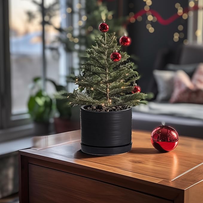 8 Inch Pots for Plants, Ceramic Planter Pot with Drainage Hole & Saucer, Indoor/Outdoor Cylinder Round Planter Pot, Matte Black-Ruum Studio Home