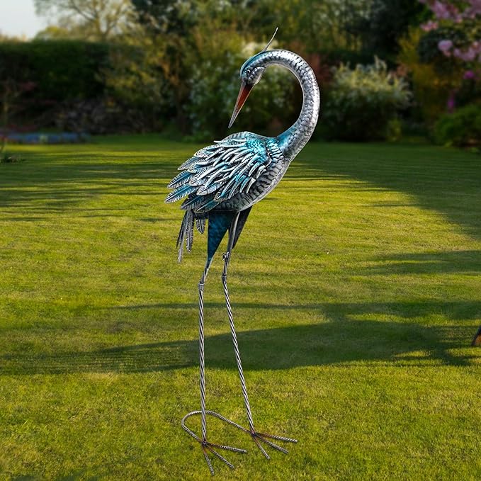 37 Inch Blue Heron Crane Statue, Metal Yard Art Outdoor Decoy, Garden Sculpture for Lawn/Pond Decoration, 1Pc, ORTBL-CR24053A-18-Ruum Studio Home
