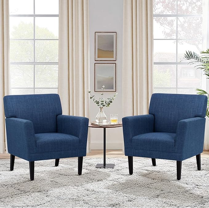 COLAMY Accent Chair Set of 2 for Living Room, Modern Upholstered Fabric Accent Armchair with Back, Soft Single Sofa Chair with Arms for Bedroom/Office/Reception Room, Blue-Ruum Studio Home
