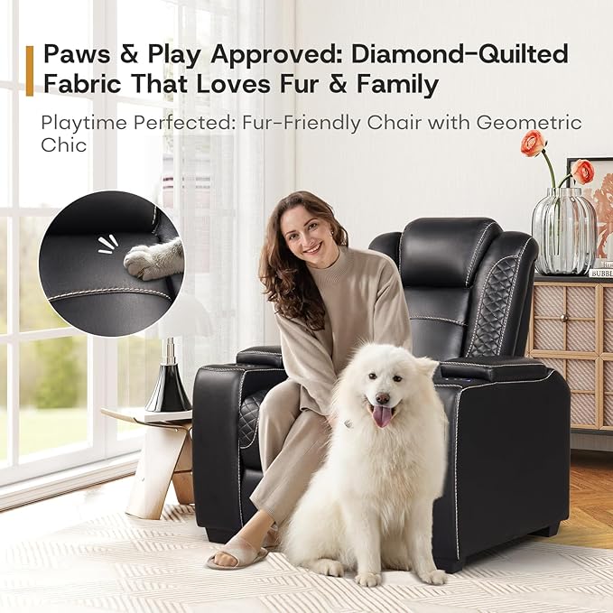 ANJ Power Home Theater Seating Set of 2, PU Leather Electric Recliner Chair with Powered Headrest, Dual Motors Movie Reclining Chairs with LED Lights,USB Port, Cup Holders, Hidden Arm Storage (Black)-Ruum Studio Home