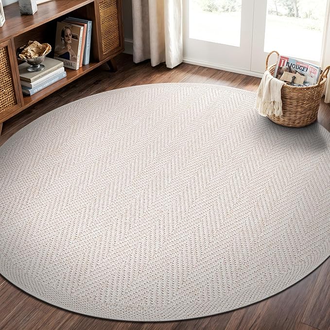 CAMILSON Easy Jute Round Rug 4ft Indoor Outdoor Off-White Color Fiber Area Rugs for Living Room and Patio Rug Herringbone Boho Woven Design Easy-Cleaning Washable Outside Carpet Alfombras (4 Round)-Ruum Studio Home