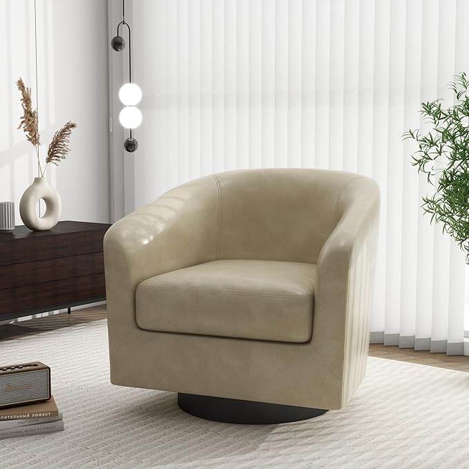 Swivel Barrel Accent Chair, Modern Round Faux Leather Arm Chair for Living Room, Bedroom, Comfy Club Reading Chairs for Adults, Faux Leather, Cream, Set of 1-Ruum Studio Home