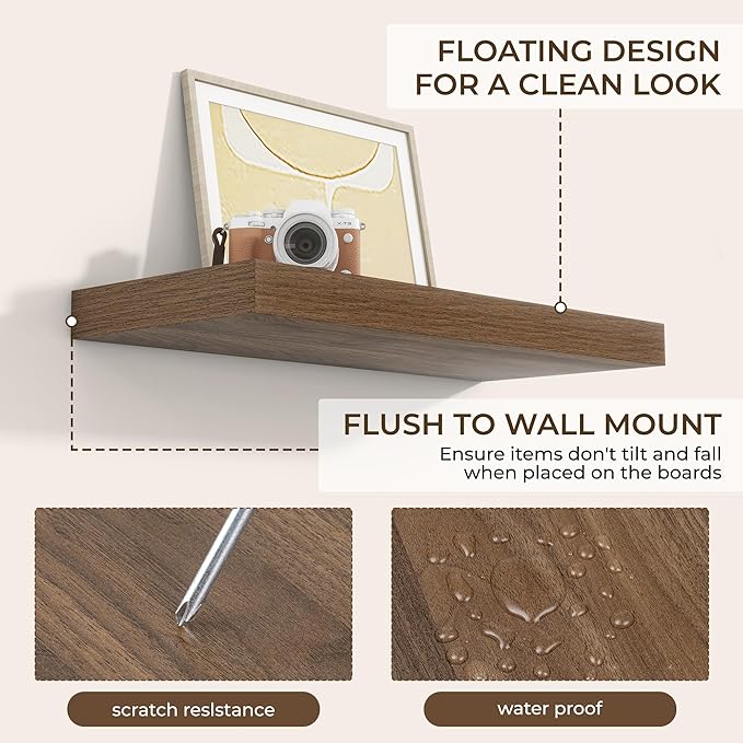 RICHFOCUS 24Inch Floating Shelves for Wall 2 Pack Shelves for Bedroom|Kitchen|Bathroom Wall Mounted Rustic Wood Floating Shelf with Invisible Brackets for Books|Storage|Decor, Walnut-Ruum Studio Home