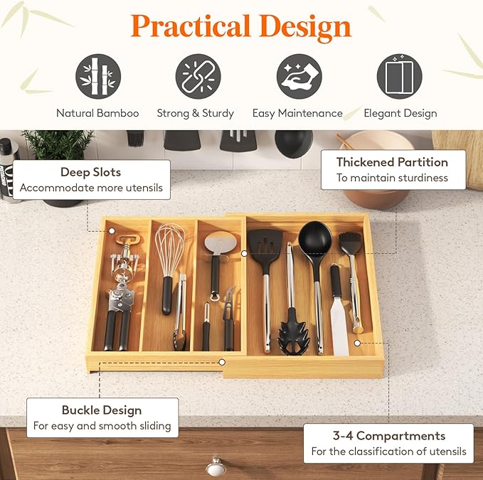 Lifewit Utensil Drawer Organizer, Expendable Cooking Silverware Tray for Kitchen Drawer, Bamboo Adjustable Cutlery Flatware Holder, Spatula Tools and Gadgets Storage Divider, 4 Compartments, Natural-Ruum Studio Home