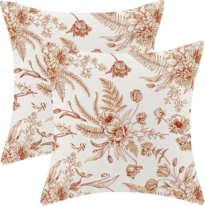 CXMEIFLY Burnt Orange Spring Pillow Covers 18 x 18 Inch Set of 2 for Chinoiserie Flowers Decor Throw Pillows Floral Leaves Seasonal Plant Outdoor Decorative Cushion Cases for Couch Bed Decorations-Ruum Studio Home