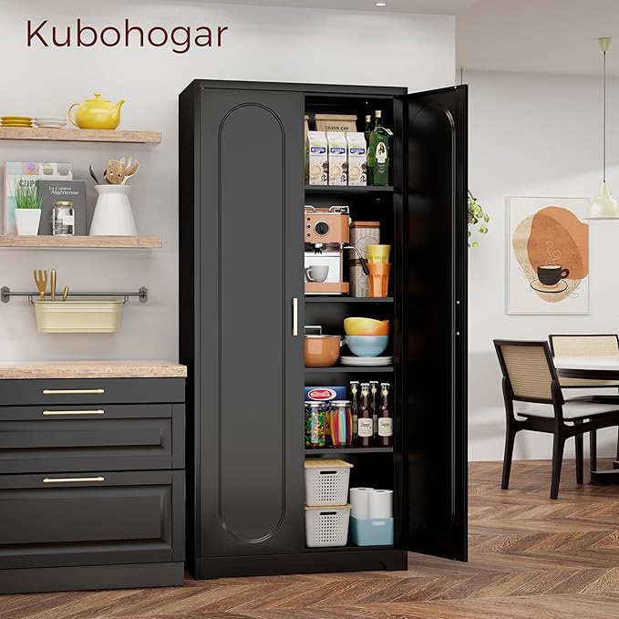 71" Tall Metal Pantry Cabinet with 4 Adjustable Shelves and Gold Handles Heavy-Duty Steel Storage for Kitchen, Dining Room or Office-Ruum Studio Home