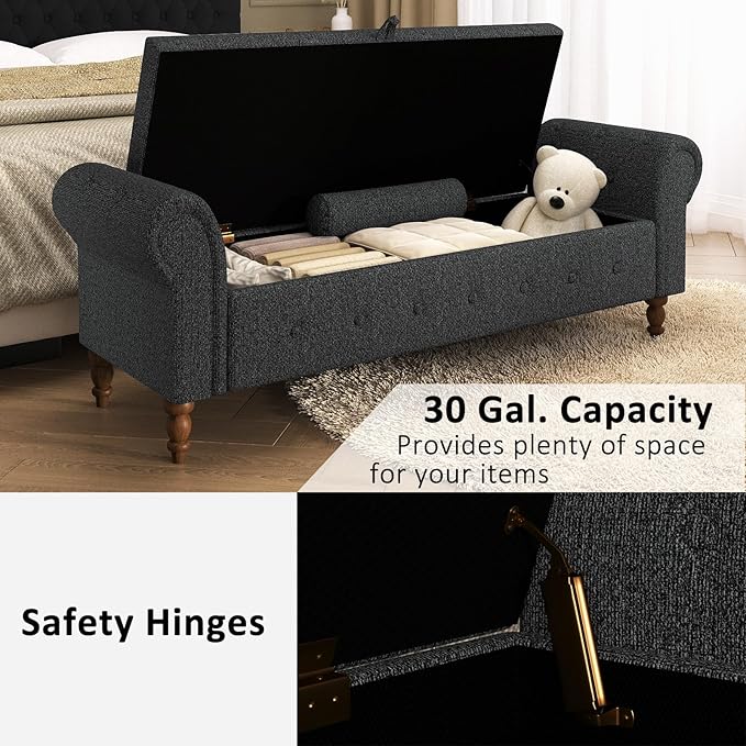 Storage Ottoman Bench for Bedroom, 63" End of Bed Bench with Rolled Arms Upholstered Ottoman Bench Fit for Bedroom, Living Room, Entryway, Linen Dark Gray-Ruum Studio Home