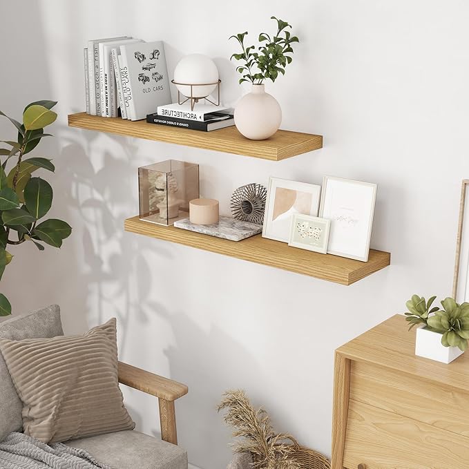 40 Inch Floating Shelvese, 40" W x 9" D Floating Shelf Set of 2, Farmhouse Wood Wall Shelves for Bedroom, Kitchen, Wall Mounted Deep Shelving for Home Decor, Oak Color-Ruum Studio Home