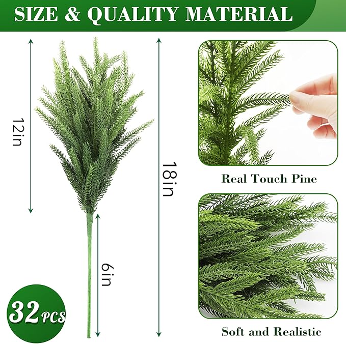 WeGuard 32 Pcs Real Touch Artificial Norfolk Pine Branches, 18 Inches Faux Cedar Pine Stem Fake Christmas Greenery Picks for Vase DIY Garland Wreath Christmas Decor Home Decor-Ruum Studio Home