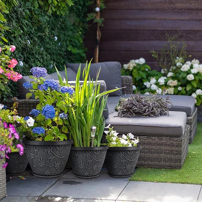 4 Pack 10 Inch Plant Pot for Outdoor Indoor, Plastic Flower Pots with Drainage Hole & Saucer, Lightweight Small Resin Flower Pot, Imitation Magnolia Planter Pots for Garden House（Gray）-Ruum Studio Home